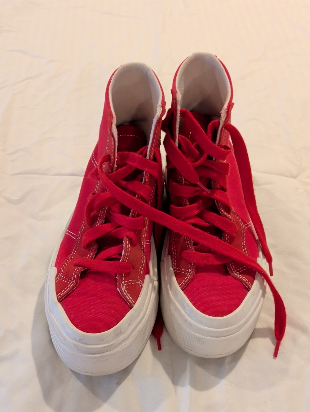 Women’s Red High-Top Canvas Sneakers with White Platform Sole